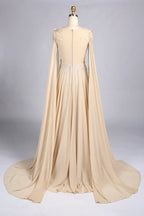 Champagne V-Neck Cape Sleeve Feather Accent A-Line MOB Dress MC173