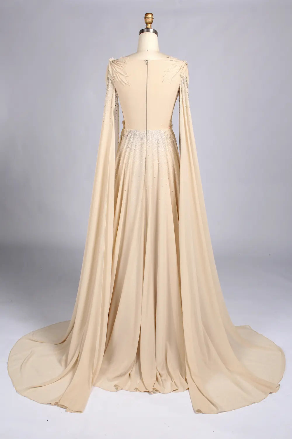 Champagne V-Neck Cape Sleeve Feather Accent A-Line MOB Dress MC173
