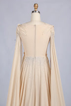 Champagne V-Neck Cape Sleeve Feather Accent A-Line MOB Dress MC173
