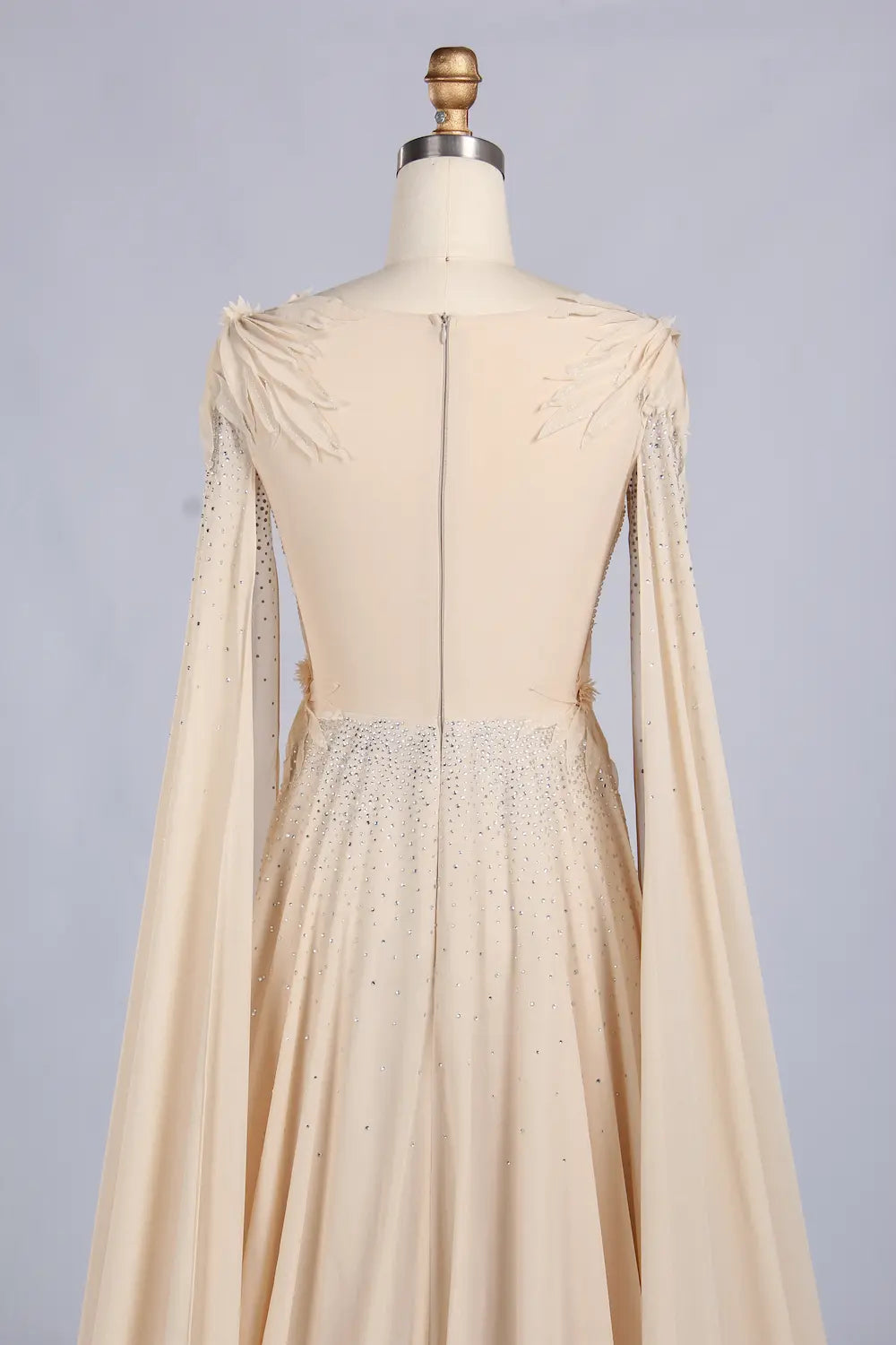 Champagne V-Neck Cape Sleeve Feather Accent A-Line MOB Dress MC173