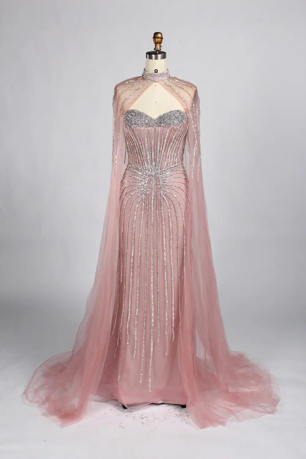 Luxury Pink Beaded Fit Mermaid Cape Sleeves Mother of the Bride Dress KY049