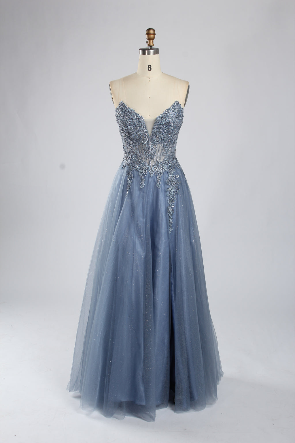 Wholesale Dusty Blue Beaded Strapless Tulle Evening Gown 33393