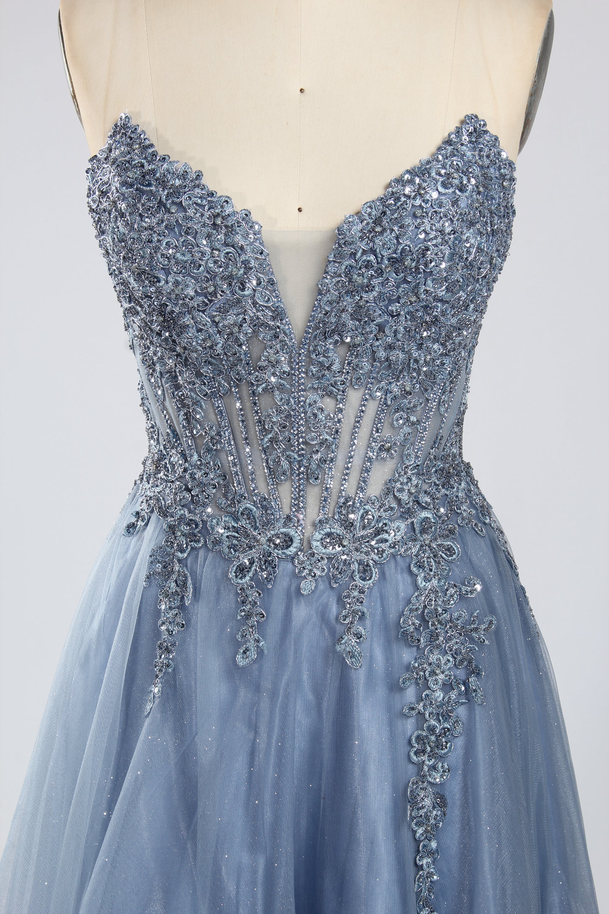 Wholesale Dusty Blue Beaded Strapless Tulle Evening Gown 33393