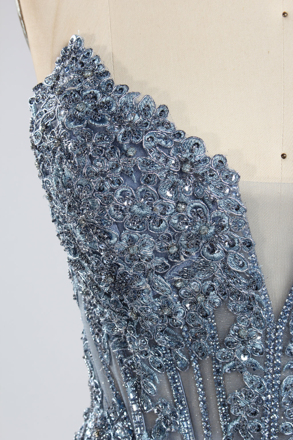 Wholesale Dusty Blue Beaded Strapless Tulle Evening Gown 33393