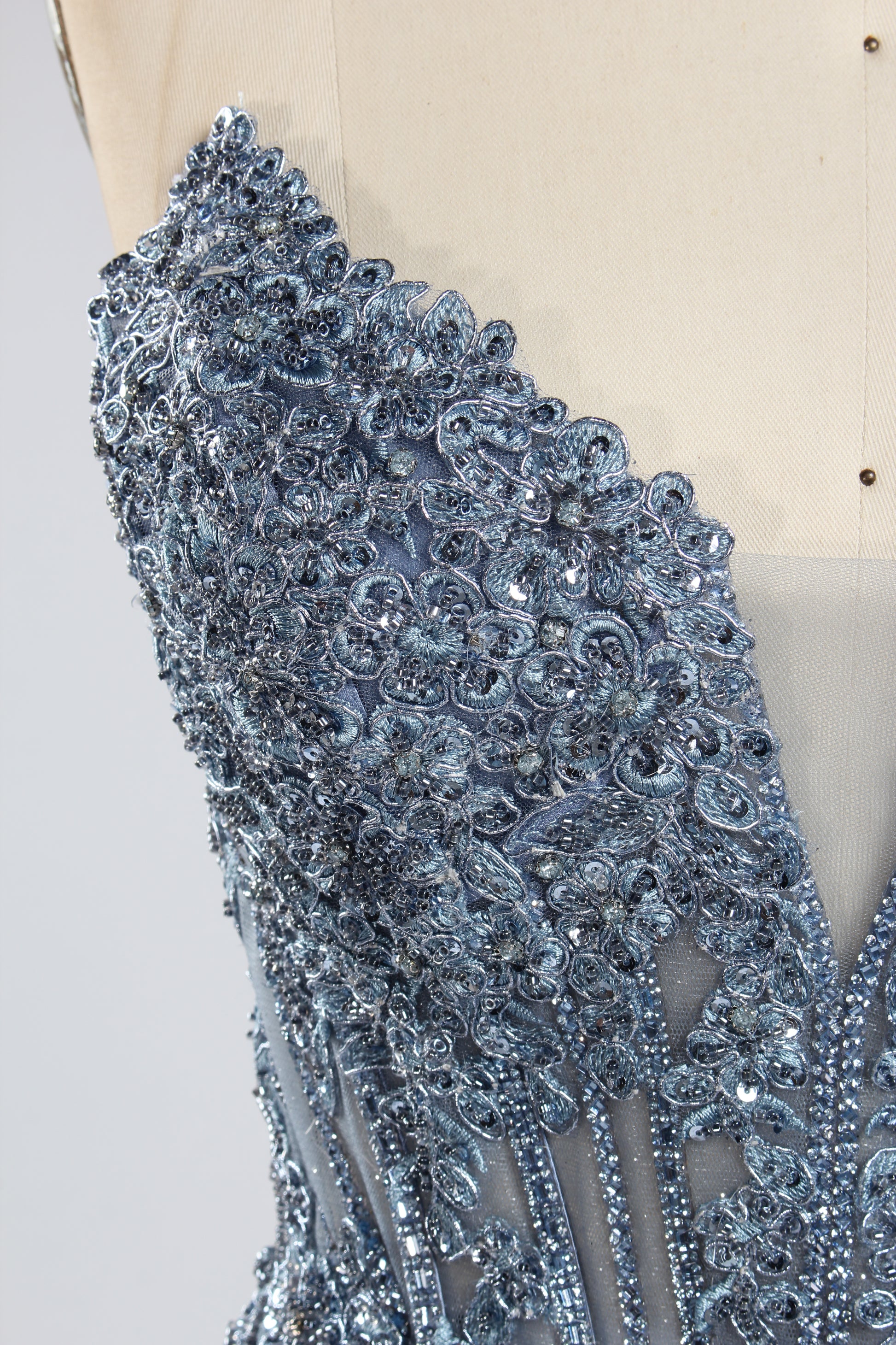 Wholesale Dusty Blue Beaded Strapless Tulle Evening Gown 33393