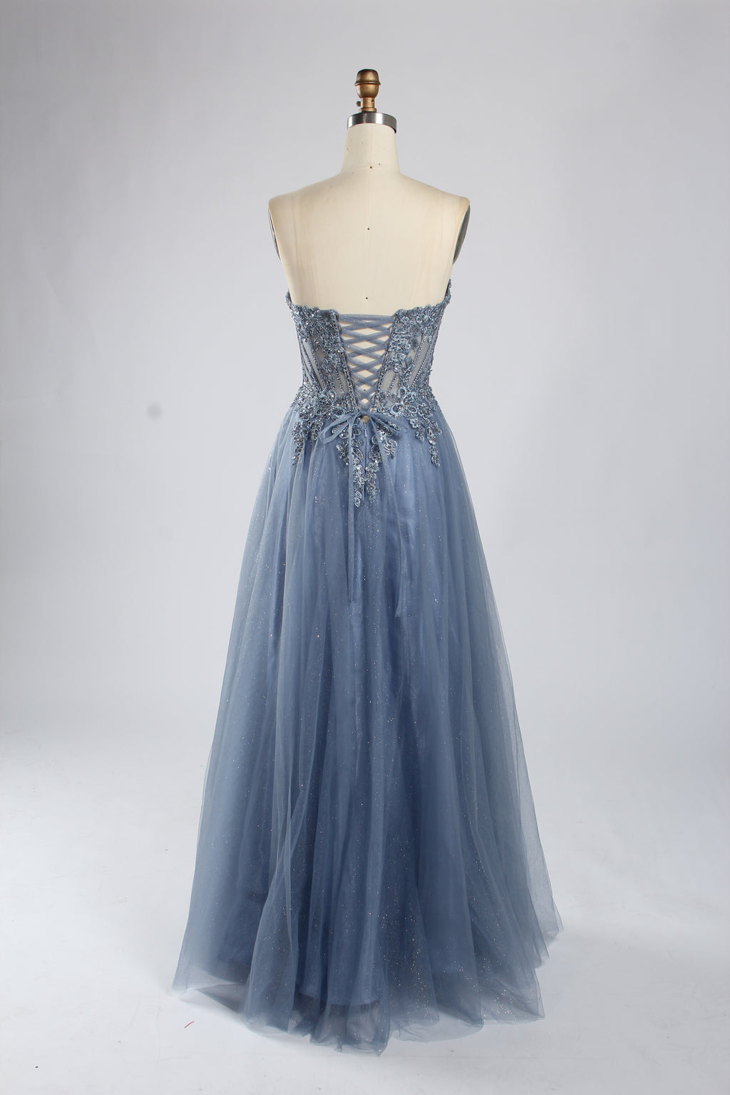 Wholesale Dusty Blue Beaded Strapless Tulle Evening Gown 33393