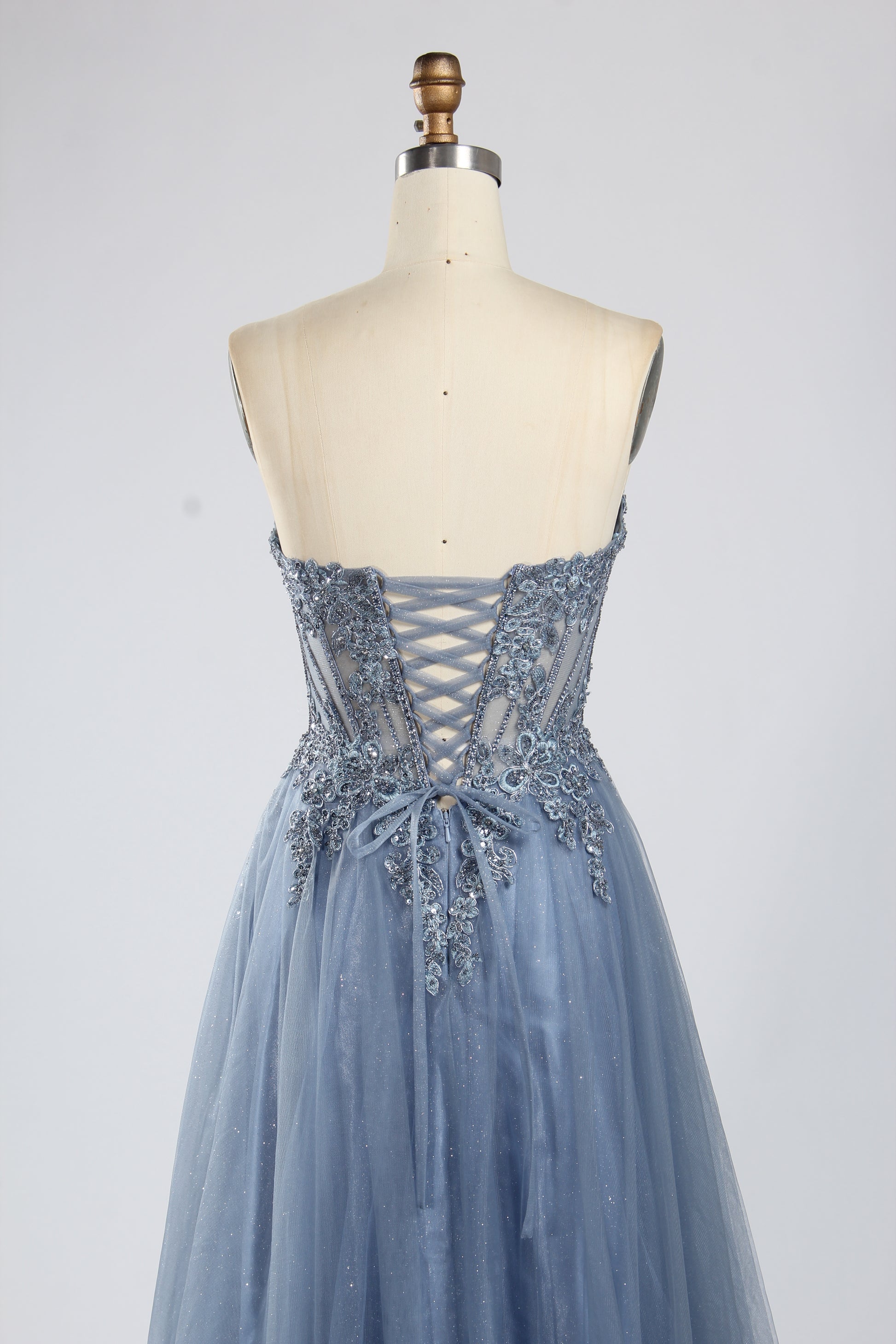 Wholesale Dusty Blue Beaded Strapless Tulle Evening Gown 33393