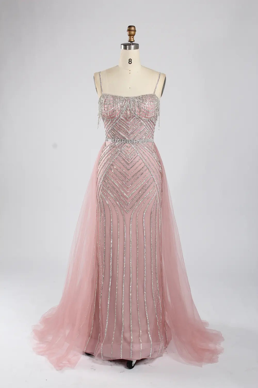 Pink Beaded Sequin Mermaid Evening Dress with Tulle Overskirt KY050