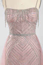 Pink Beaded Sequin Mermaid Evening Dress with Tulle Overskirt KY050