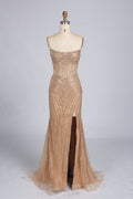 Wholesale Champagne Sequin Strapless Mermaid Evening Gown with Slit 33308