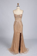 Wholesale Champagne Sequin Strapless Mermaid Evening Gown with Slit 33308