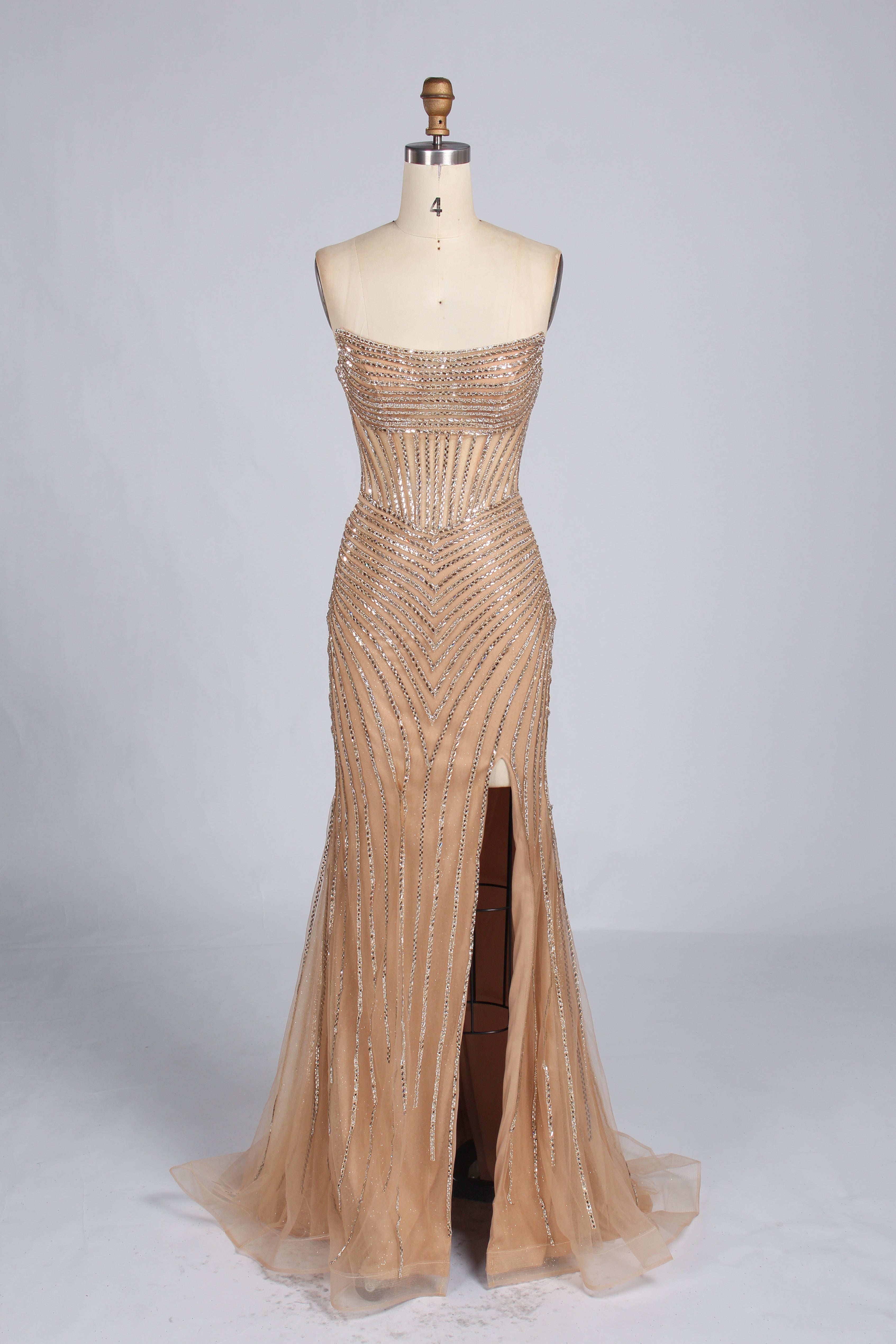 Wholesale Champagne Sequin Strapless Mermaid Evening Gown with Slit 33308
