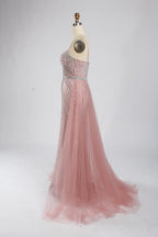 Pink Beaded Sequin Mermaid Evening Dress with Tulle Overskirt KY050