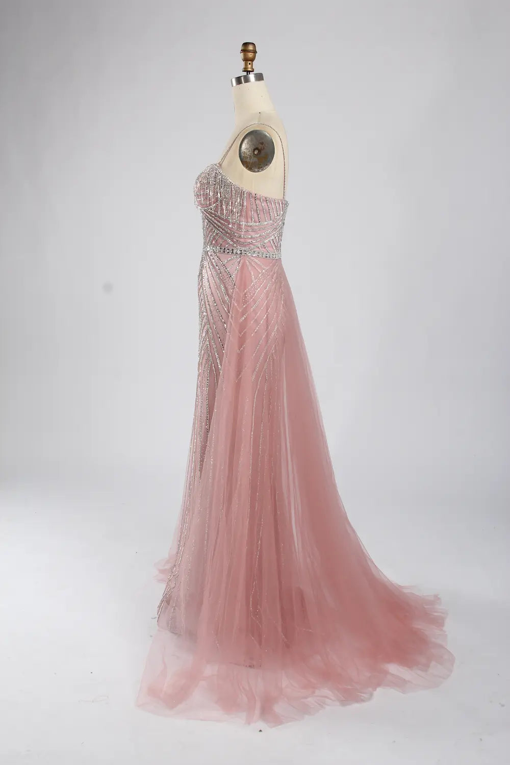 Pink Beaded Sequin Mermaid Evening Dress with Tulle Overskirt KY050