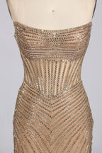Wholesale Champagne Sequin Strapless Mermaid Evening Gown with Slit 33308