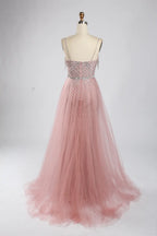 Pink Beaded Sequin Mermaid Evening Dress with Tulle Overskirt KY050