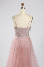 Pink Beaded Sequin Mermaid Evening Dress with Tulle Overskirt KY050