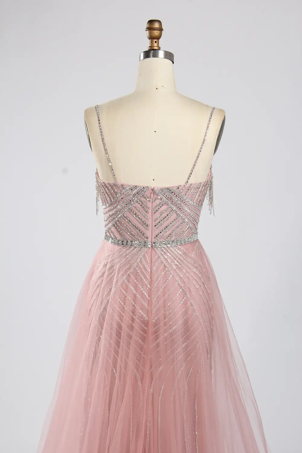 Pink Beaded Sequin Mermaid Evening Dress with Tulle Overskirt KY050