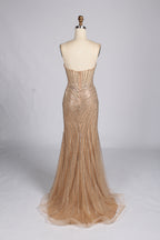 Wholesale Champagne Sequin Strapless Mermaid Evening Gown with Slit 33308