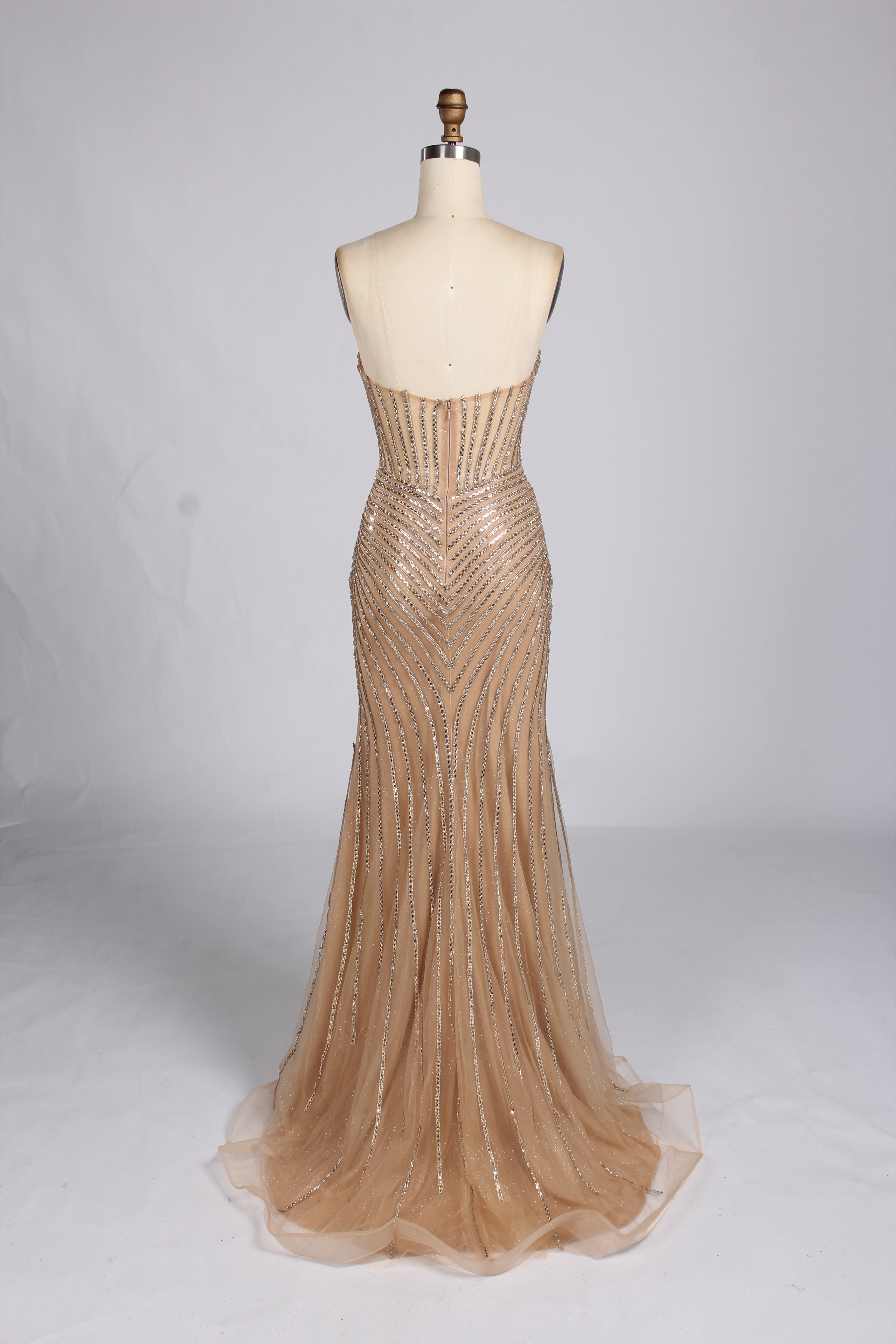 Wholesale Champagne Sequin Strapless Mermaid Evening Gown with Slit 33308