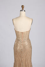 Wholesale Champagne Sequin Strapless Mermaid Evening Gown with Slit 33308