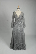 Charcoal Grey Beaded Long Sleeve V-Neck A-Line Mother of the Bride Dress MK125