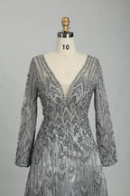 Charcoal Grey Beaded Long Sleeve V-Neck A-Line Mother of the Bride Dress MK125