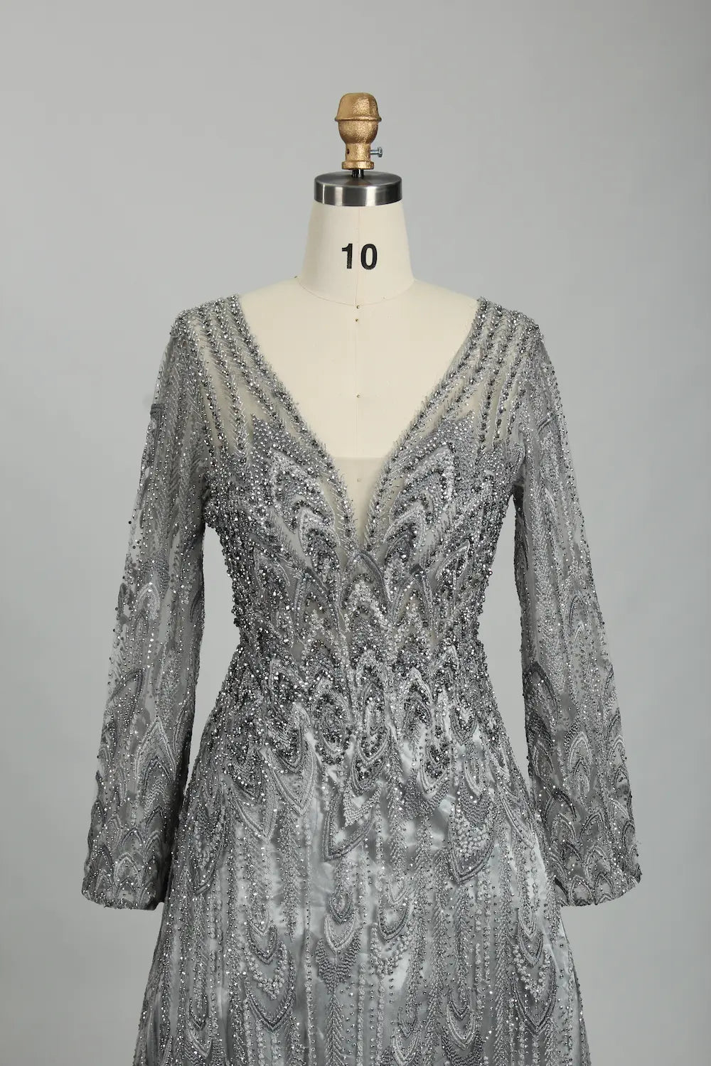 Charcoal Grey Beaded Long Sleeve V-Neck A-Line Mother of the Bride Dress MK125