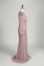 Blush Pink Beaded High Neck and Detachable Cape MOB Dress KY045