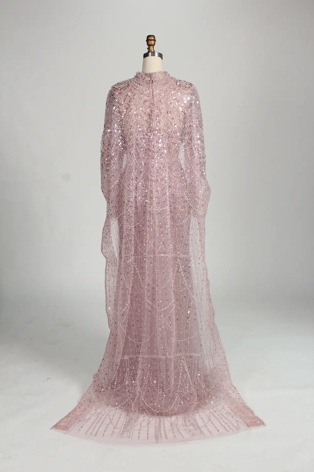 Blush Pink Beaded High Neck and Detachable Cape MOB Dress KY045