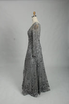 Charcoal Grey Beaded Long Sleeve V-Neck A-Line Mother of the Bride Dress MK125