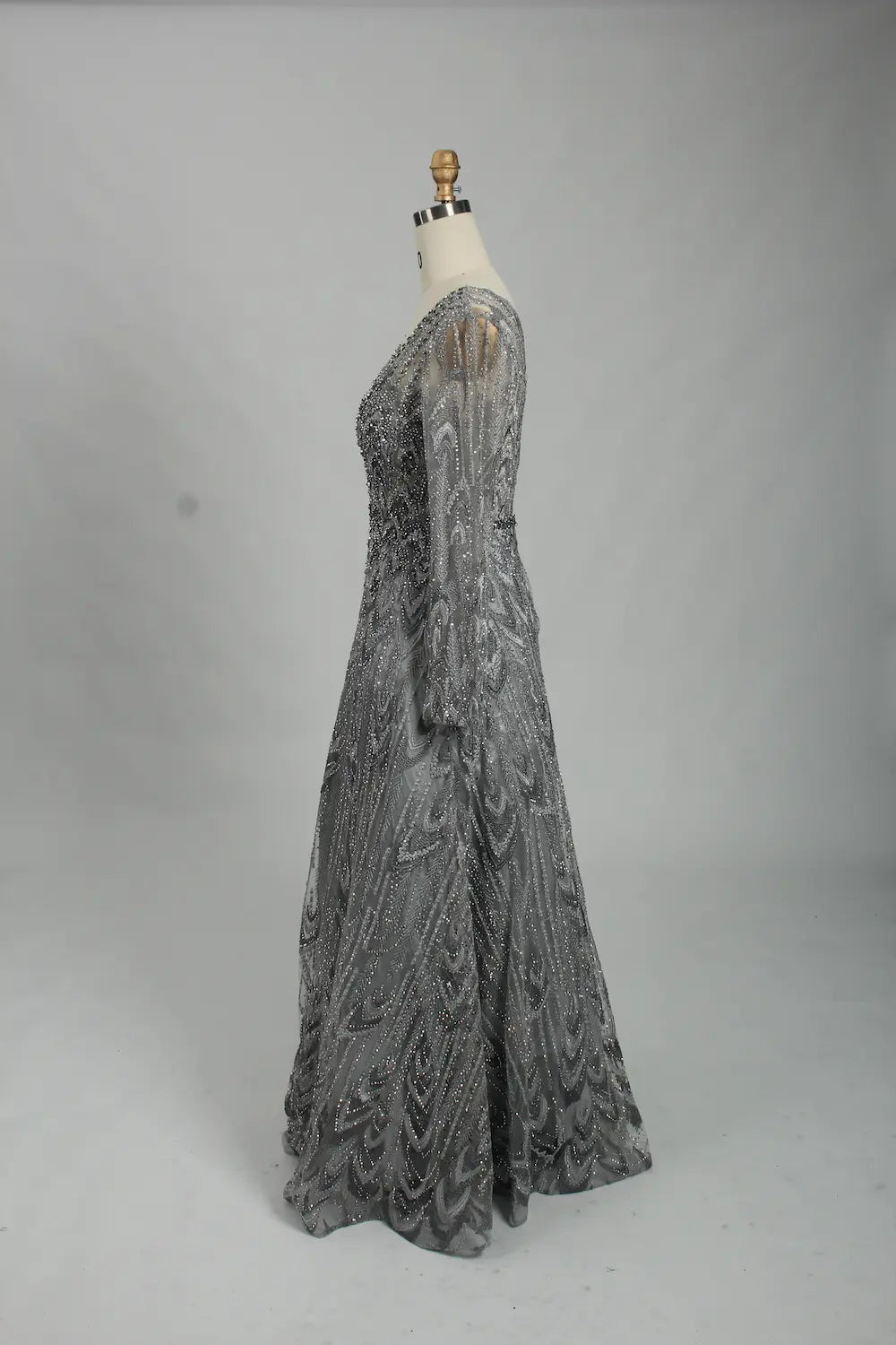 Charcoal Grey Beaded Long Sleeve V-Neck A-Line Mother of the Bride Dress MK125