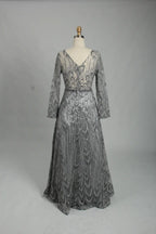 Charcoal Grey Beaded Long Sleeve V-Neck A-Line Mother of the Bride Dress MK125