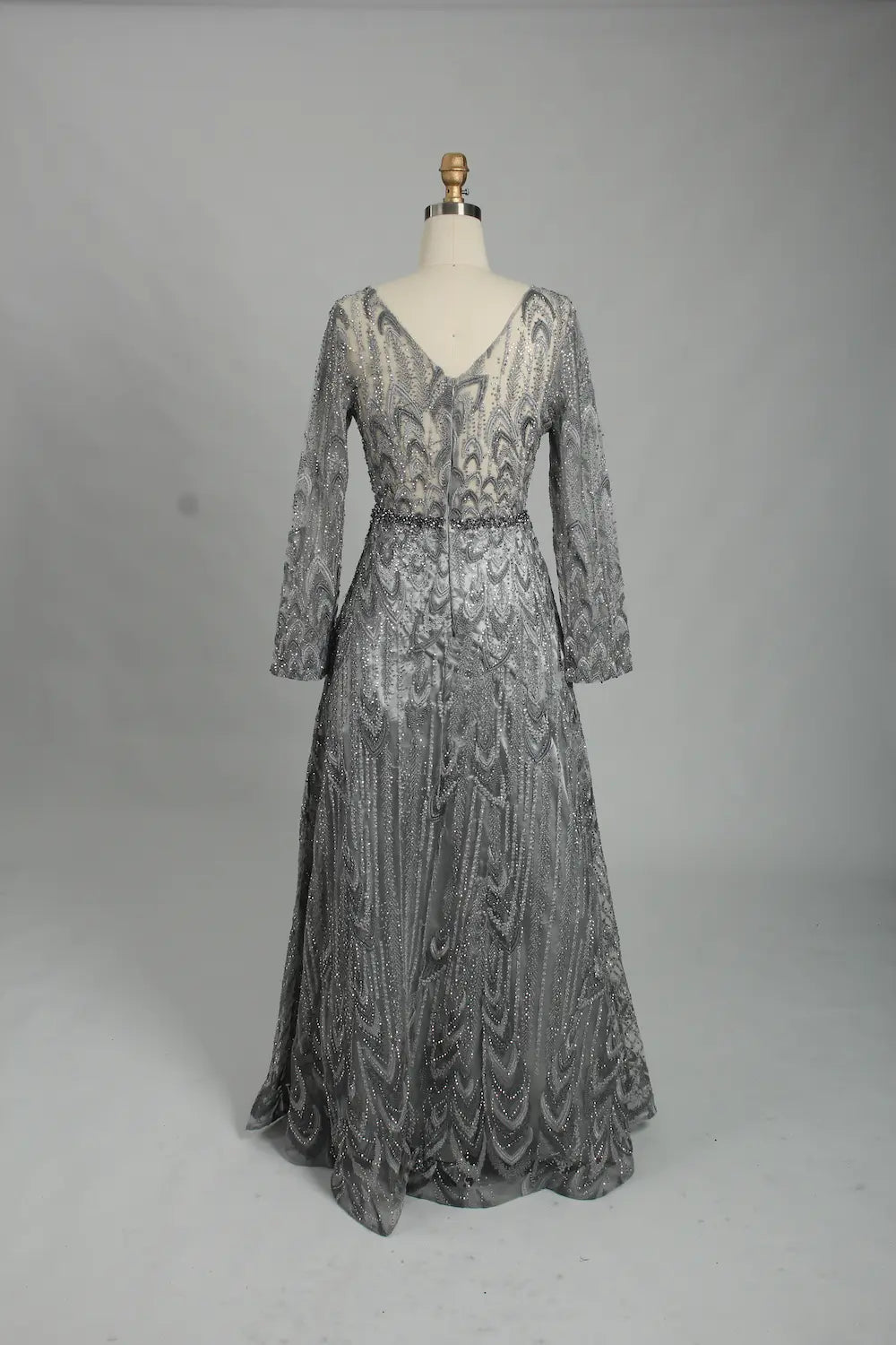 Charcoal Grey Beaded Long Sleeve V-Neck A-Line Mother of the Bride Dress MK125