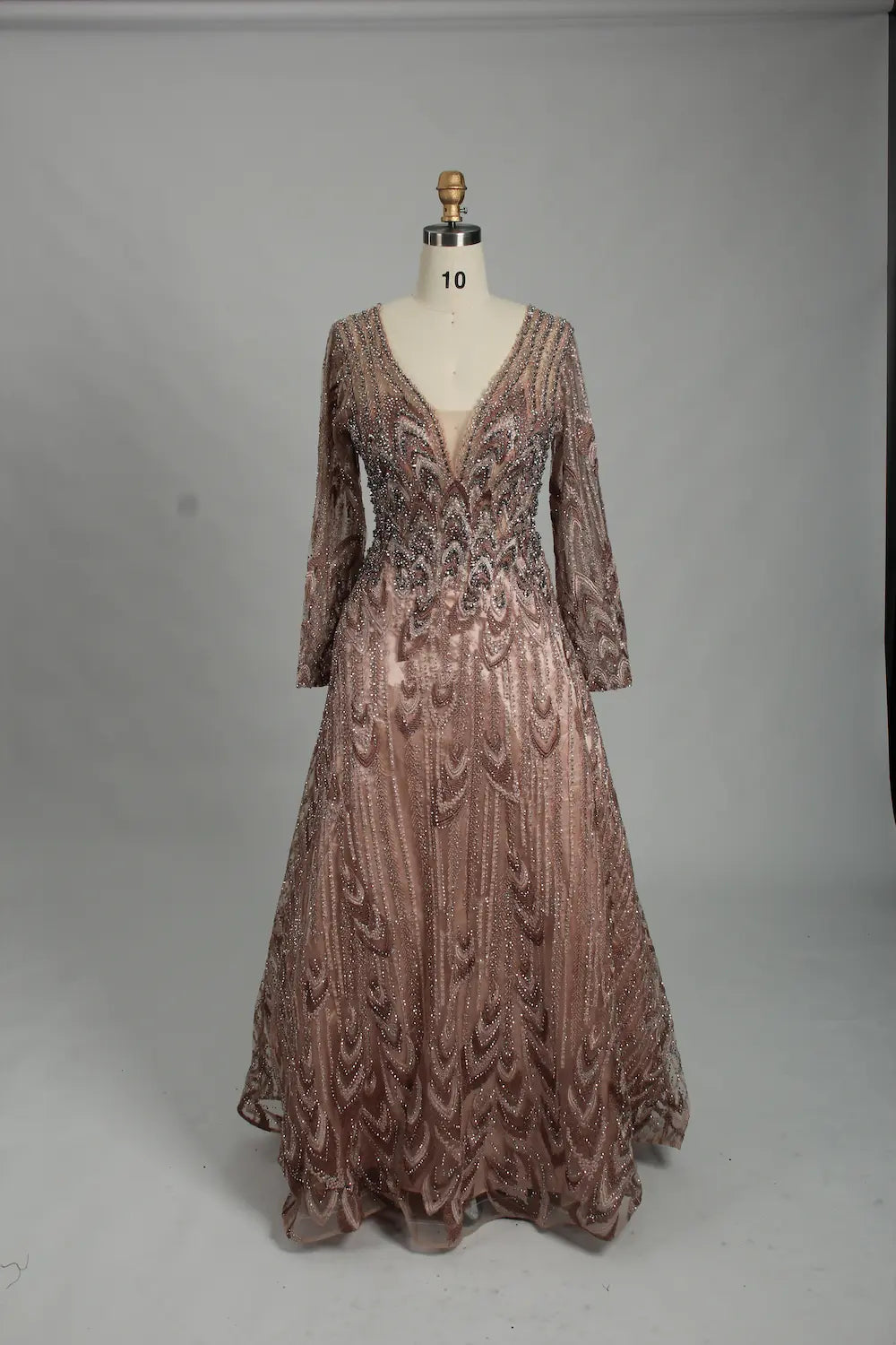 Charcoal Grey Beaded Long Sleeve V-Neck A-Line Mother of the Bride Dress MK125