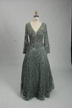 Charcoal Grey Beaded Long Sleeve V-Neck A-Line Mother of the Bride Dress MK125
