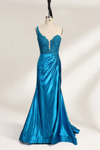 A mannequin displays a teal satin gown. It features a deep V - neckline with lace embroidery on the bodice, a ruched skirt, and a mermaid silhouette. The elegant details and shiny fabric create a glamorous look, perfect for formal events like proms or galas.1