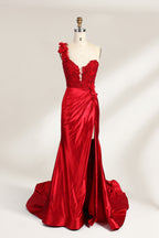 A mannequin displays a teal satin gown. It features a deep V - neckline with lace embroidery on the bodice, a ruched skirt, and a mermaid silhouette. The elegant details and shiny fabric create a glamorous look, perfect for formal events like proms or galas.4