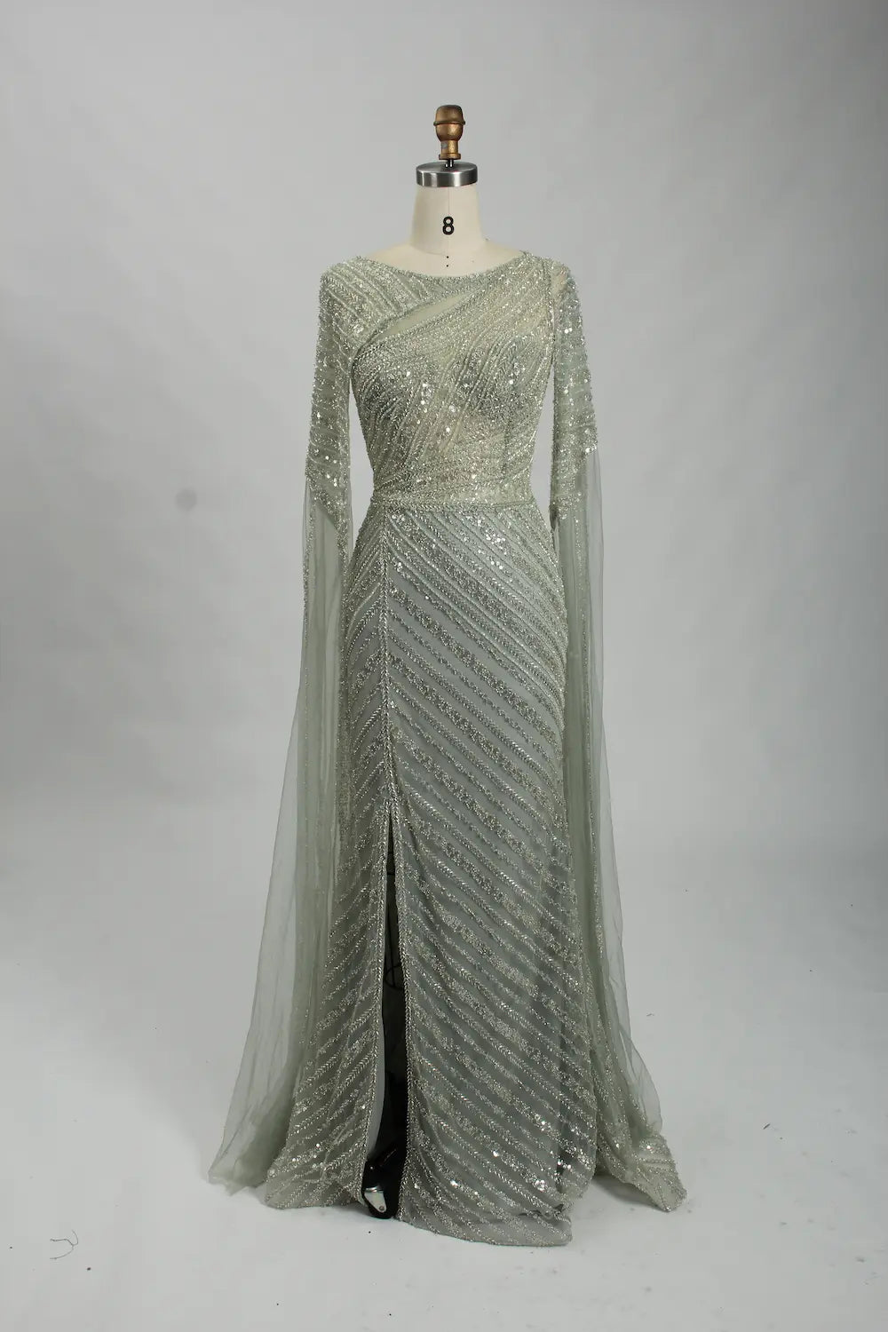 Light Blue Sequin Boat Neck Long Sleeve Mother of the Bride Dress MK126