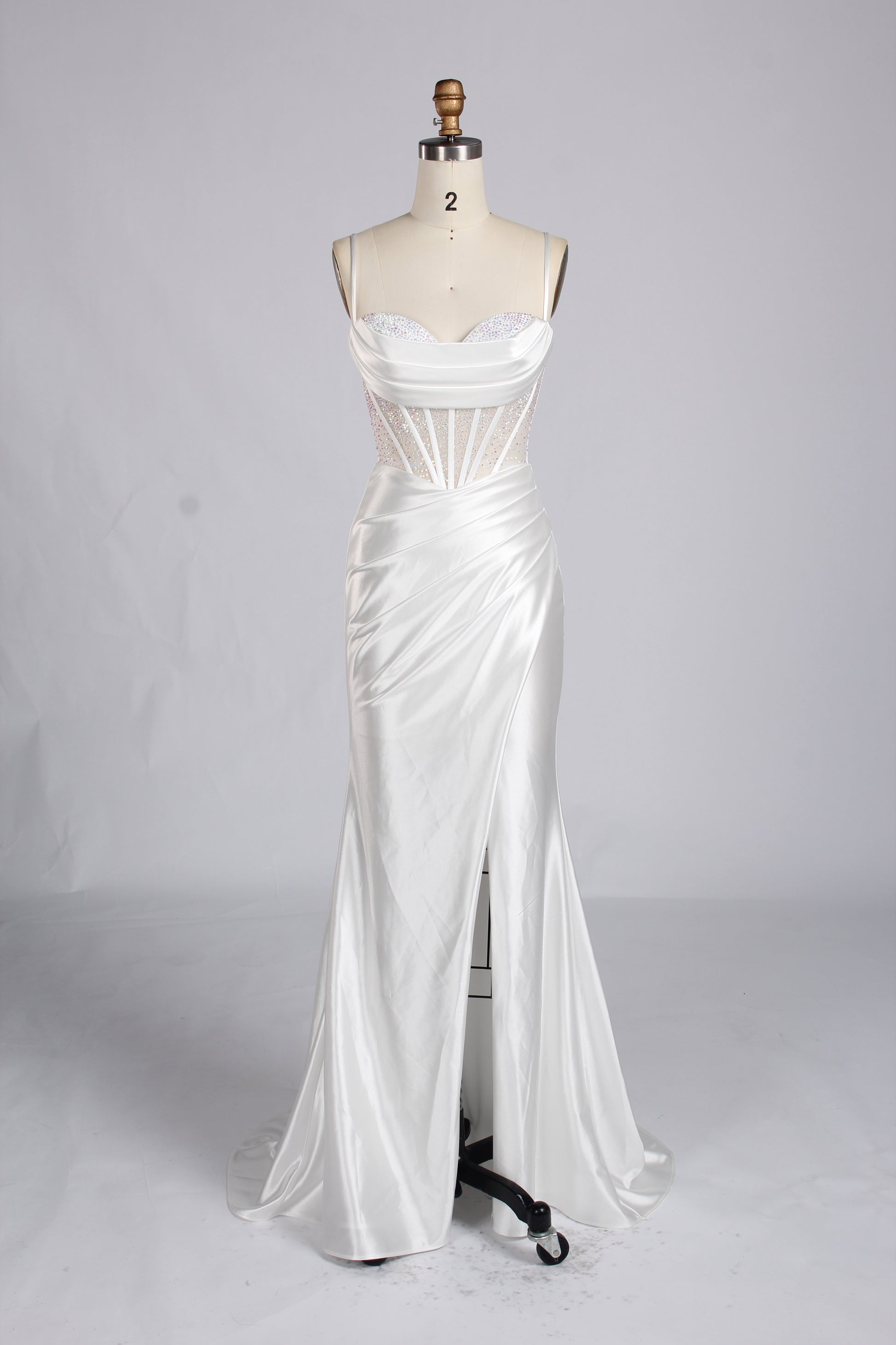 Wholesale White Crystal - Accented Spaghetti - Strap Evening Gown 32596