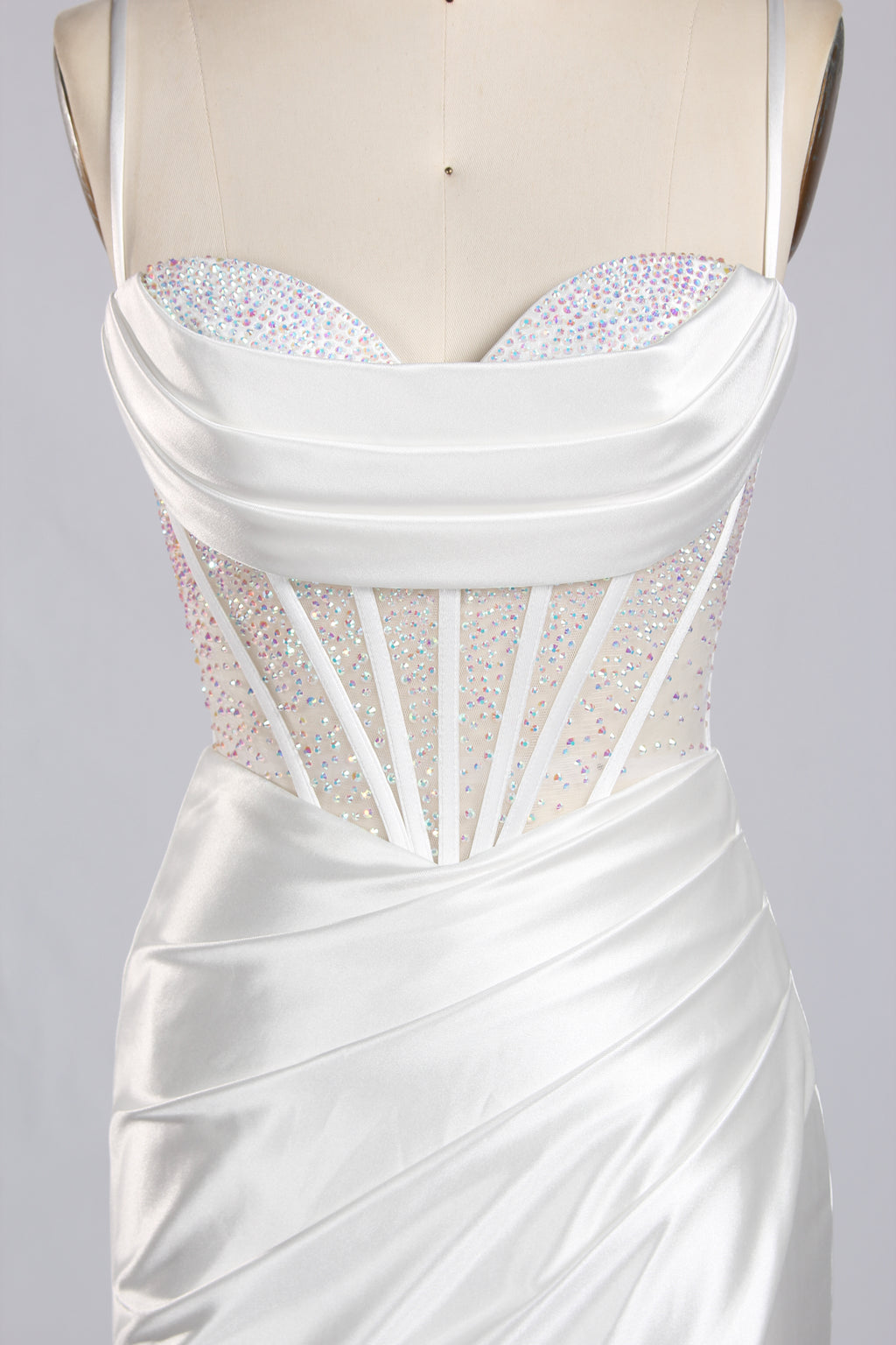 Wholesale White Crystal - Accented Spaghetti - Strap Evening Gown 32596