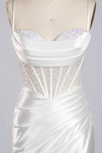 Wholesale White Crystal - Accented Spaghetti - Strap Evening Gown 32596