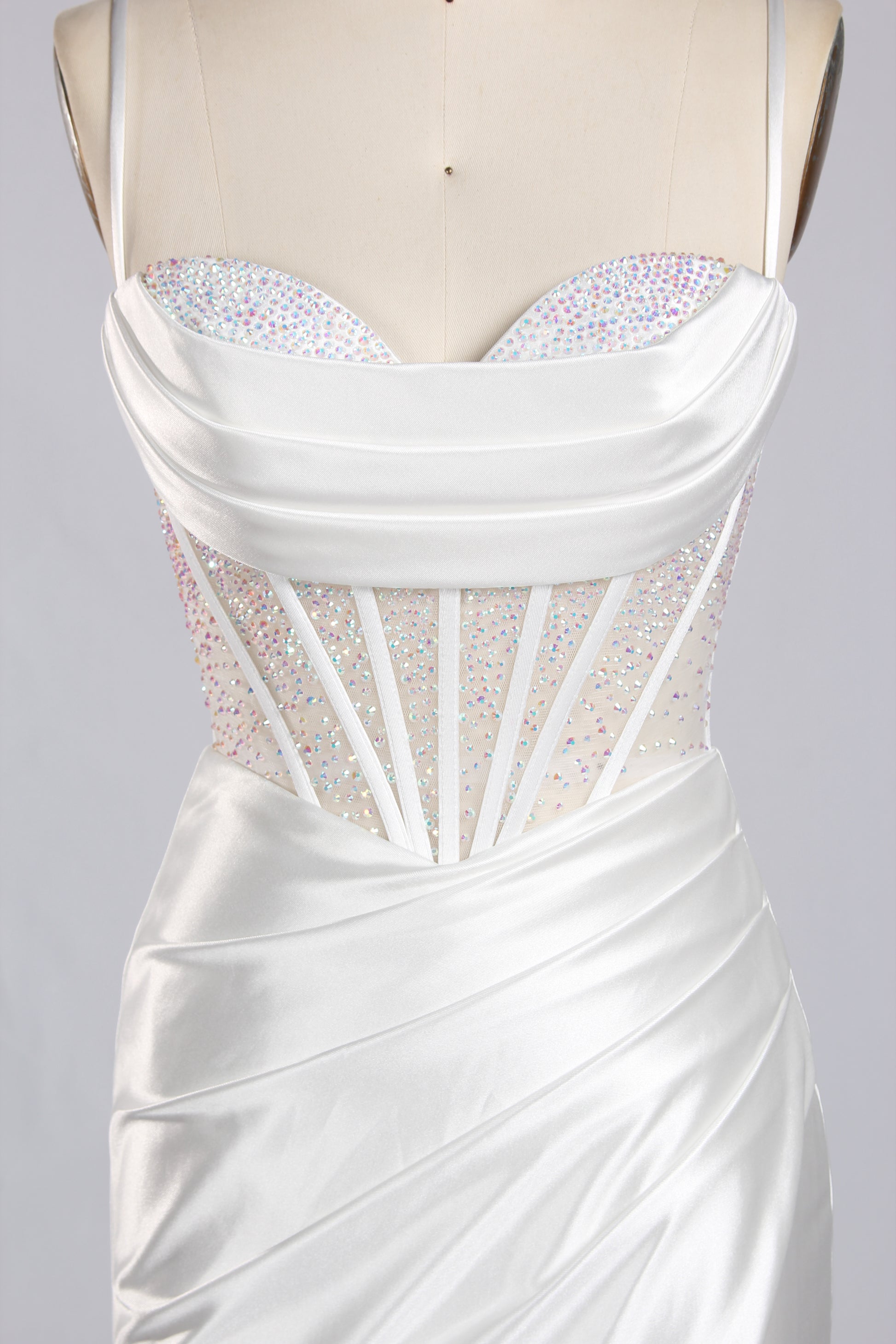 Wholesale White Crystal - Accented Spaghetti - Strap Evening Gown 32596