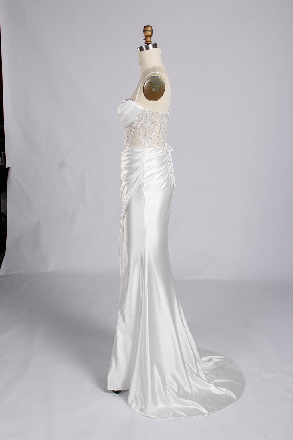 Wholesale White Crystal - Accented Spaghetti - Strap Evening Gown 32596