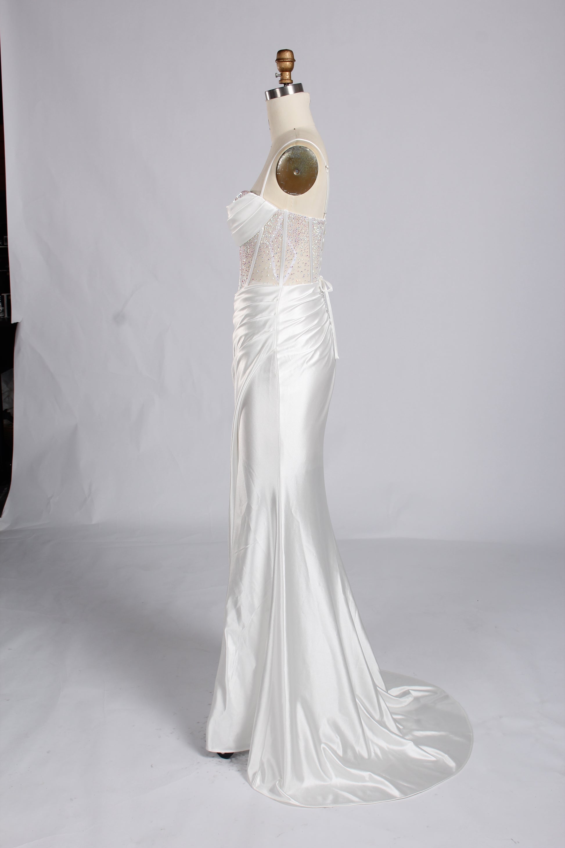 Wholesale White Crystal - Accented Spaghetti - Strap Evening Gown 32596