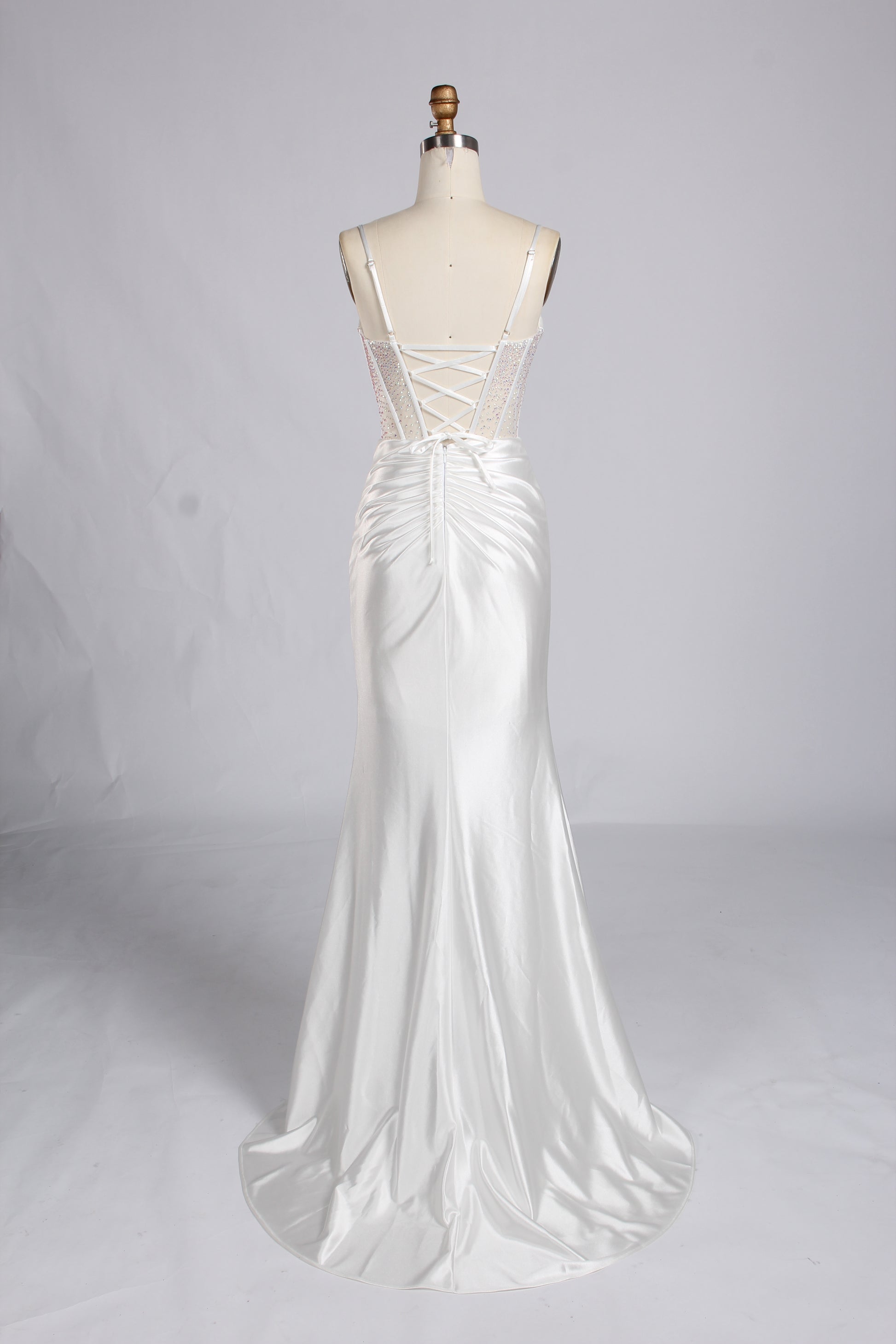 Wholesale White Crystal - Accented Spaghetti - Strap Evening Gown 32596