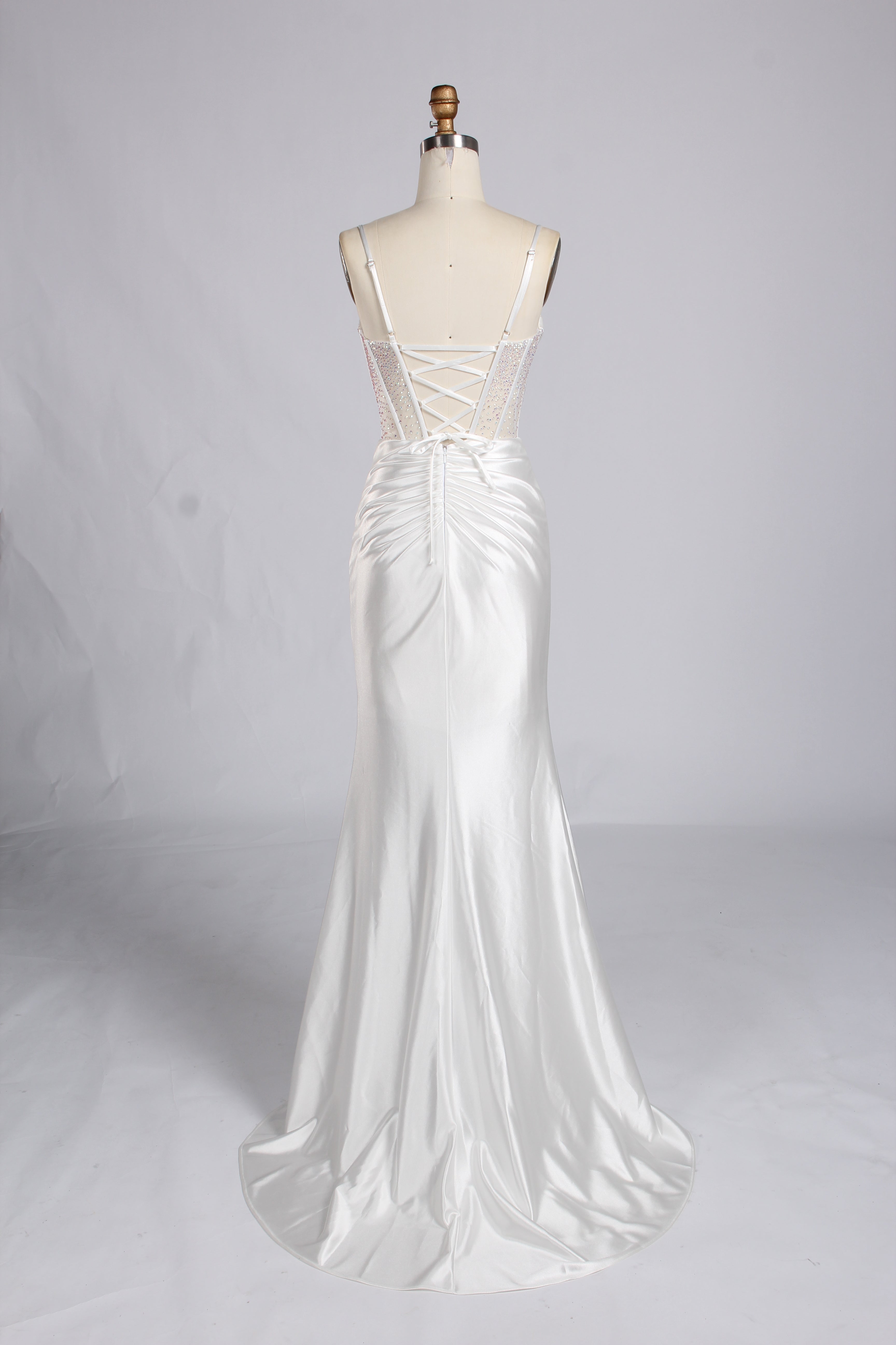 Wholesale White Crystal - Accented Spaghetti - Strap Evening Gown 32596