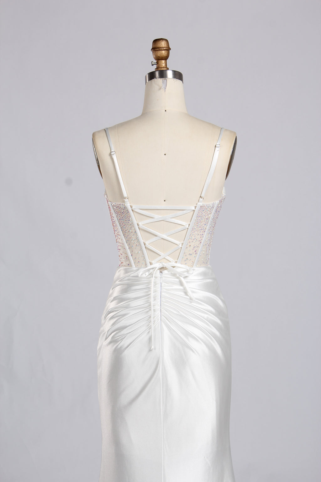 Wholesale White Crystal - Accented Spaghetti - Strap Evening Gown 32596