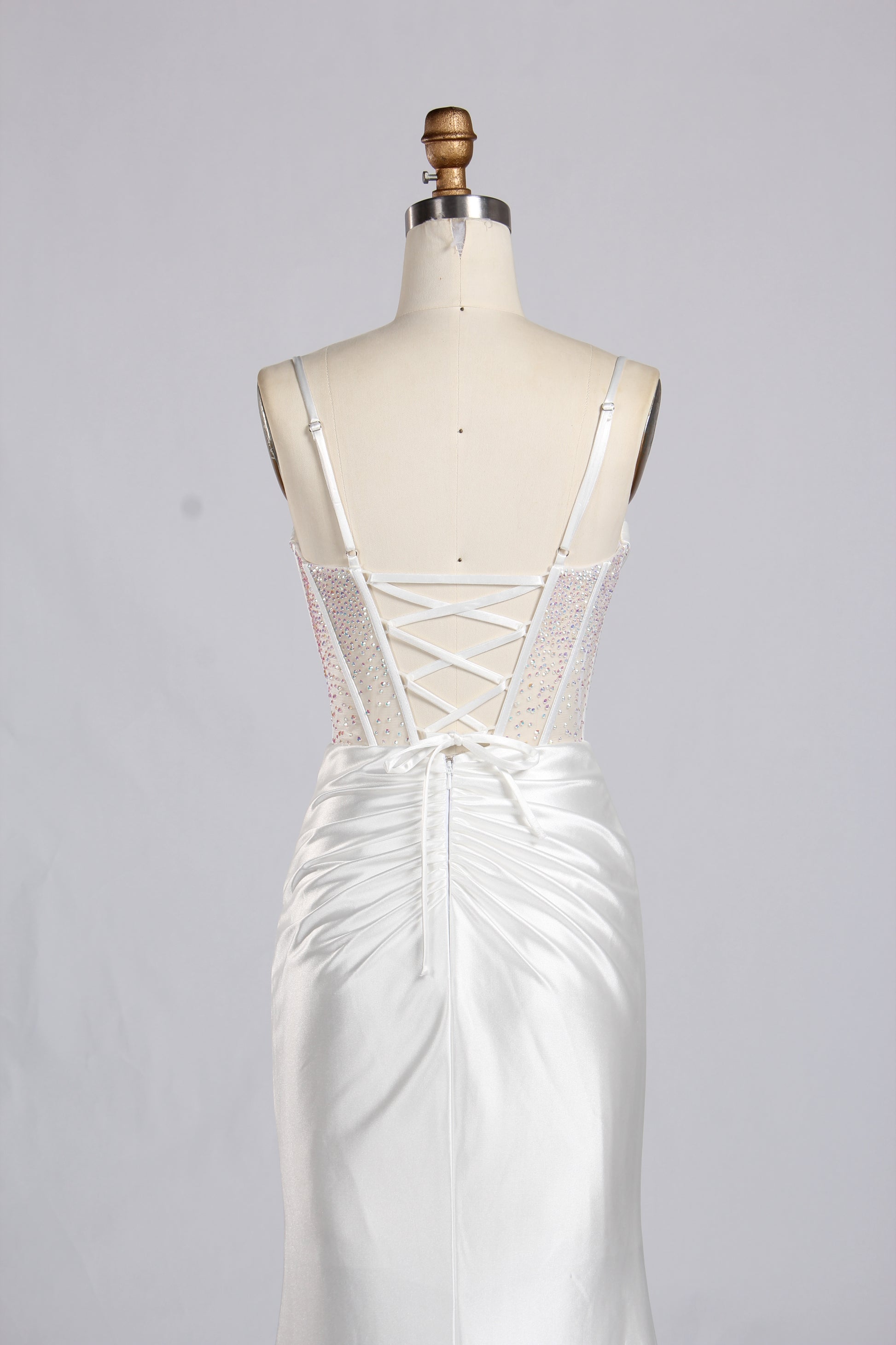 Wholesale White Crystal - Accented Spaghetti - Strap Evening Gown 32596