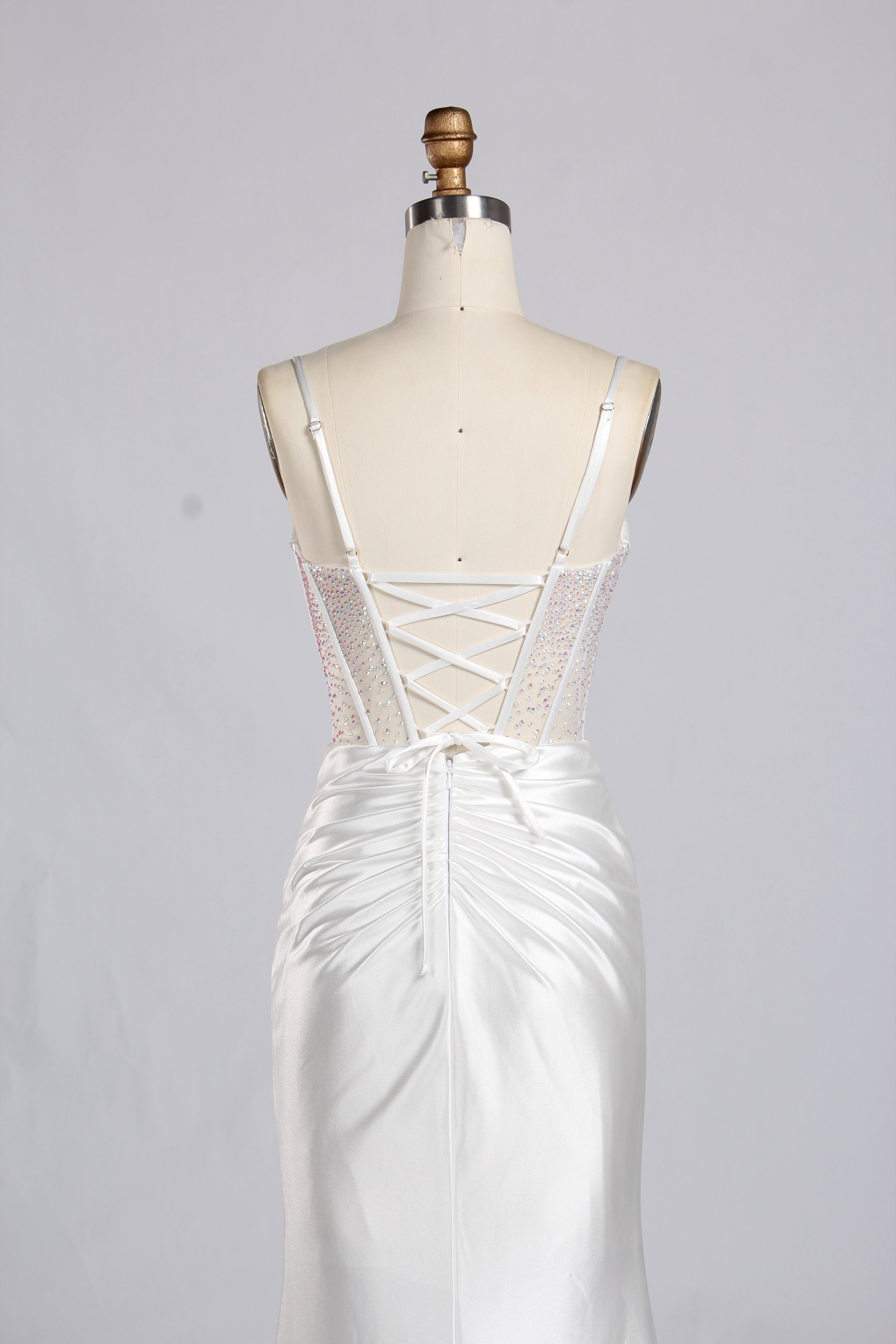 Wholesale White Crystal - Accented Spaghetti - Strap Evening Gown 32596